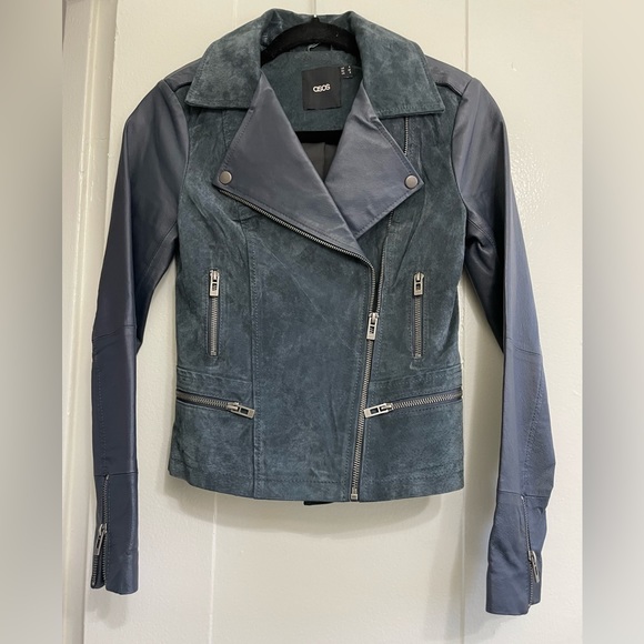 ASOS Jackets & Blazers - ASOS Suede & Leather Navy Biker Jacket Size 0 - Like New!